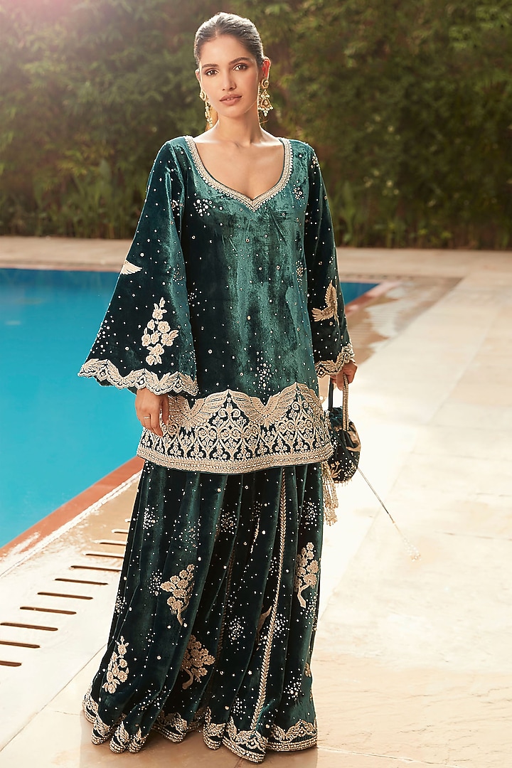 Teal Green Velvet Bridal Sharara Set by Matsya at Pernia's Pop Up Shop