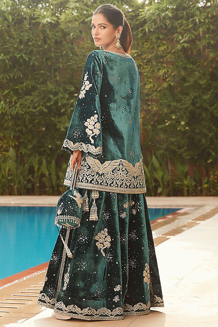 Teal Green Velvet Bridal Sharara Set by Matsya at Pernia's Pop Up Shop