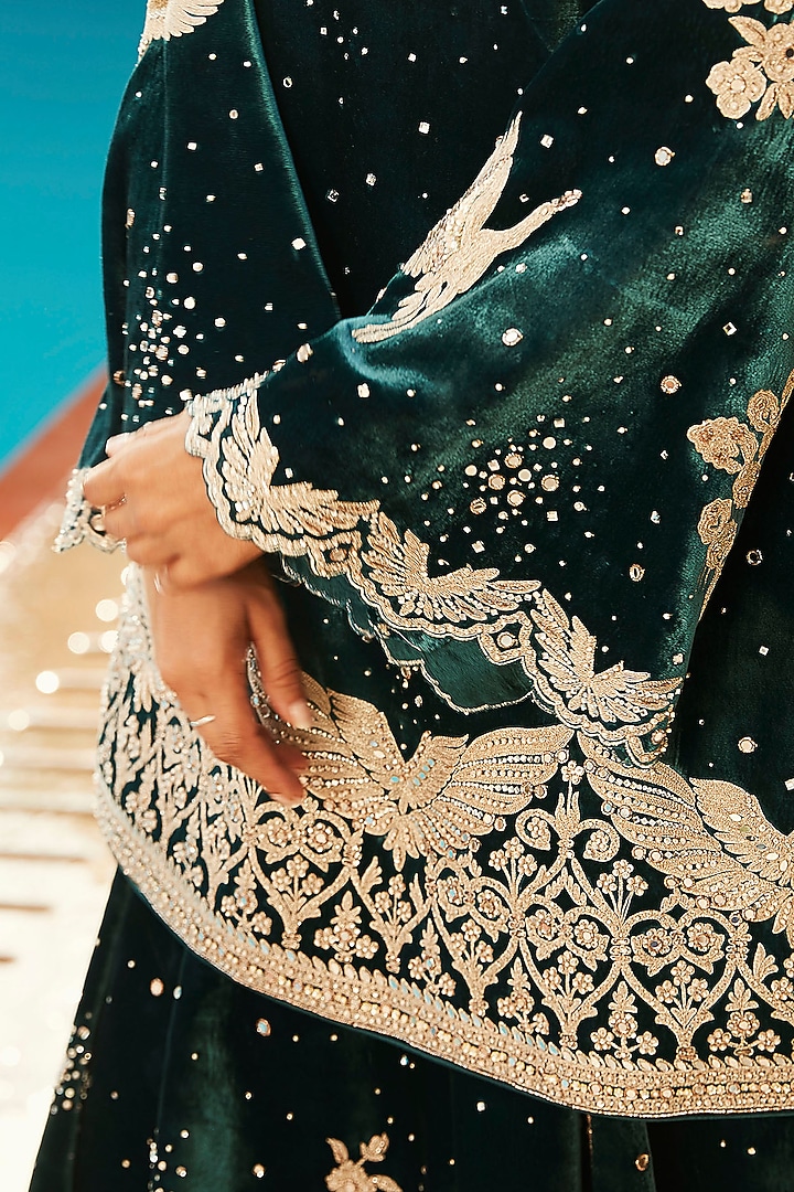 Teal Green Velvet Bridal Sharara Set by Matsya at Pernia's Pop Up Shop