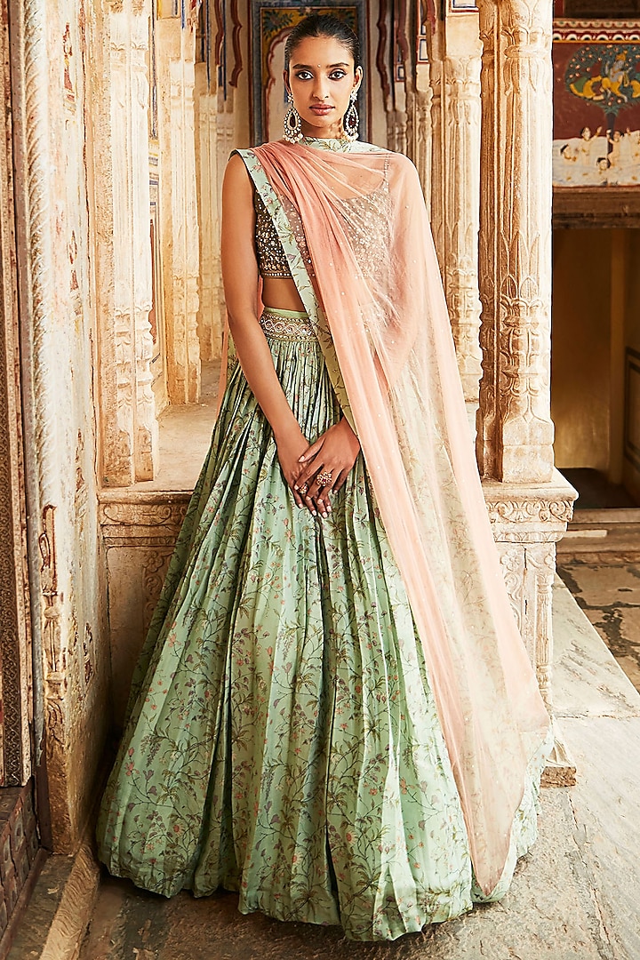 Green Silk Tissue Printed Wedding Lehenga Set by Matsya at Pernia's Pop Up Shop