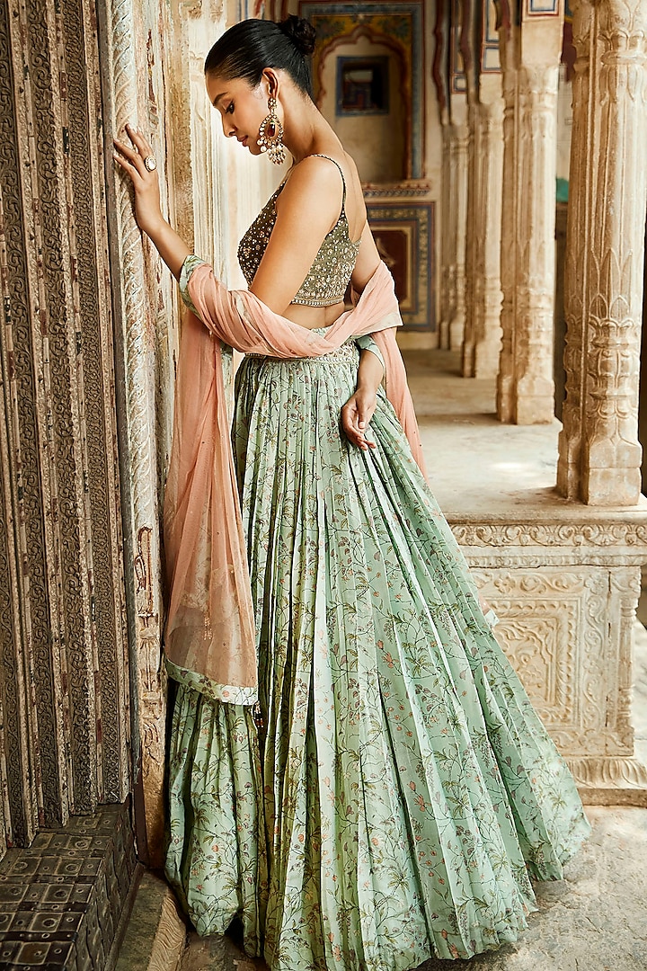Green Silk Tissue Printed Wedding Lehenga Set by Matsya at Pernia's Pop Up Shop