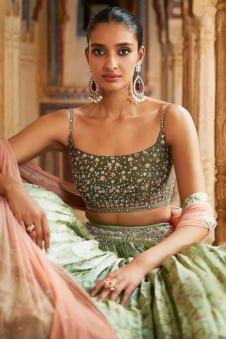 Green Silk Tissue Printed Wedding Lehenga Set by Matsya at Pernia's Pop Up Shop