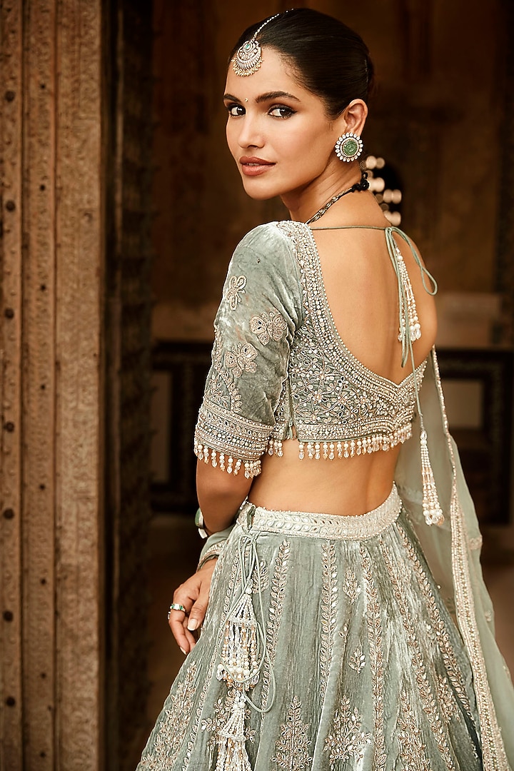 Mint Green Embroidered Bridal Lehenga Set by Matsya at Pernia's Pop Up Shop