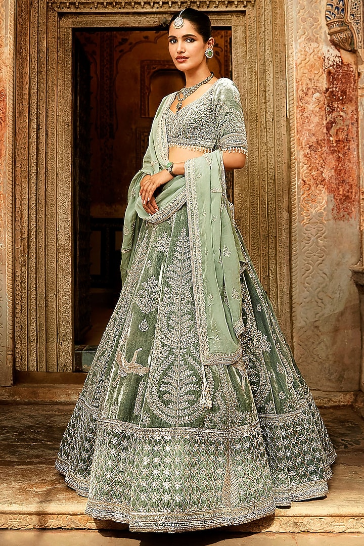 Mint Green Embroidered Bridal Lehenga Set by Matsya at Pernia's Pop Up Shop