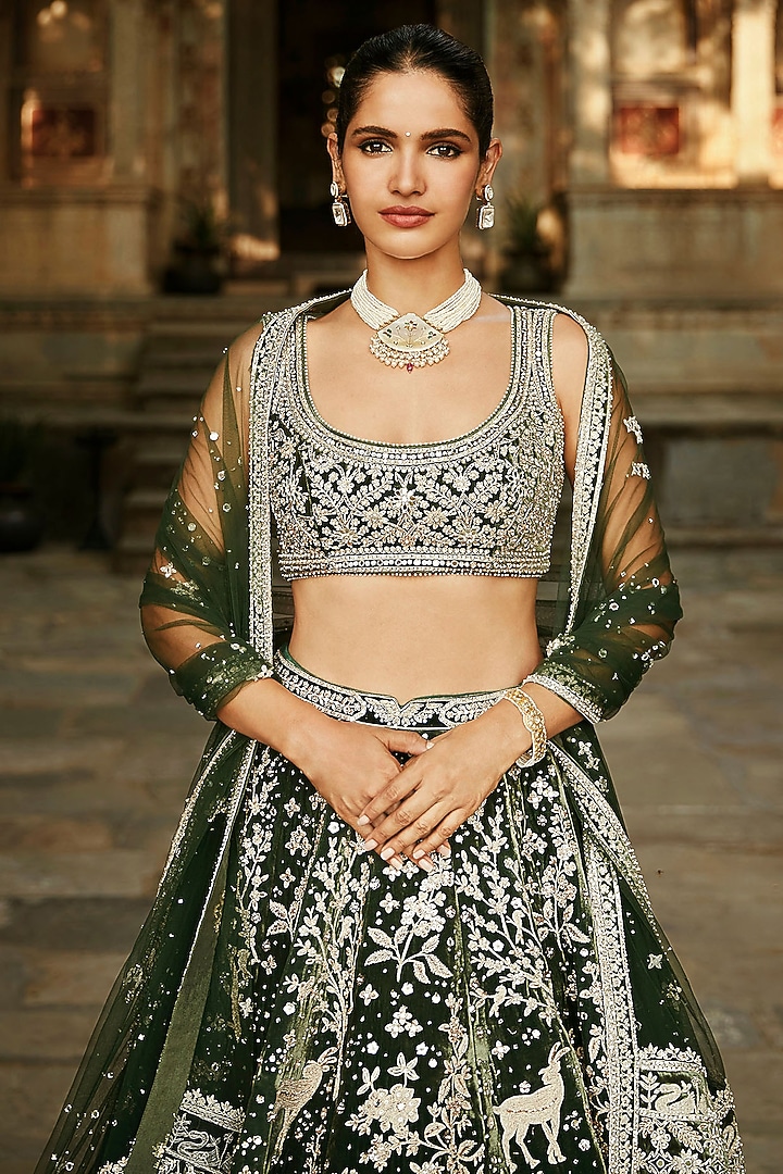 Forest Green Embroidered Bridal Lehenga Set by Matsya at Pernia's Pop Up Shop