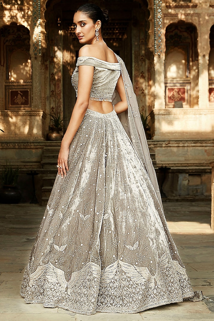 Grey Zardosi Embroidered Bridal Lehenga Set by Matsya at Pernia's Pop Up Shop