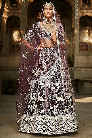 Wine Velvet Embroidered Lehenga Set by Matsya