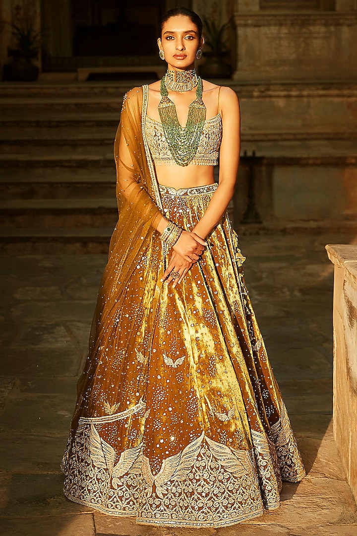 Yellow Velvet Embroidered Bridal Lehenga Set by Matsya at Pernia's Pop Up Shop