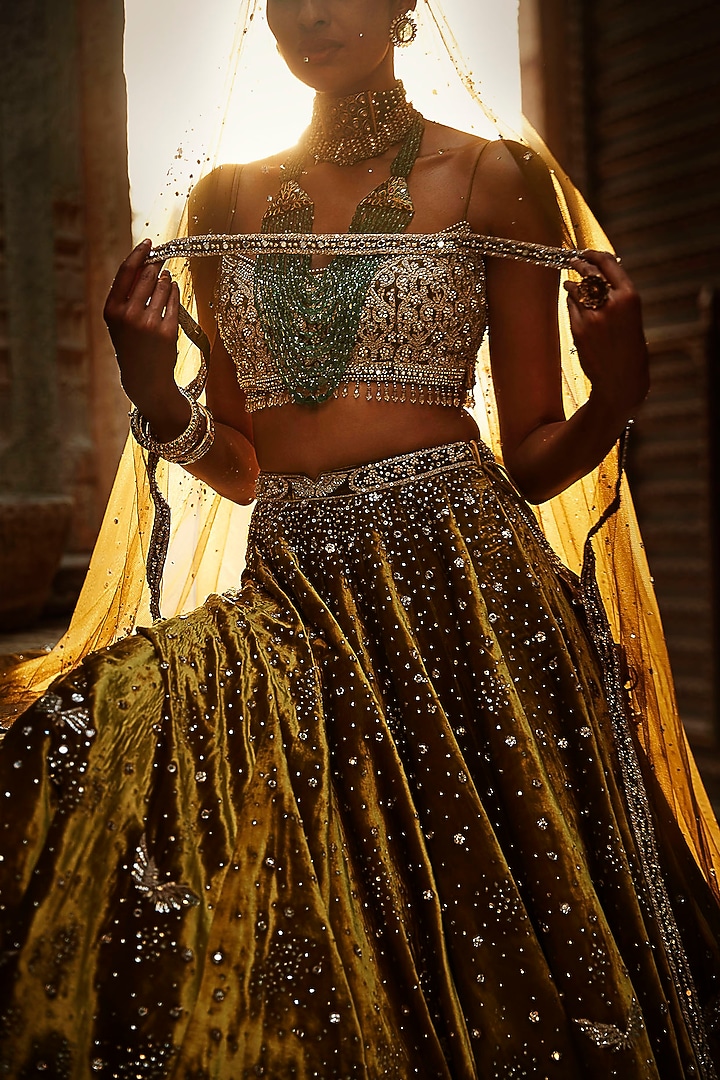 Yellow Velvet Embroidered Bridal Lehenga Set by Matsya at Pernia's Pop Up Shop