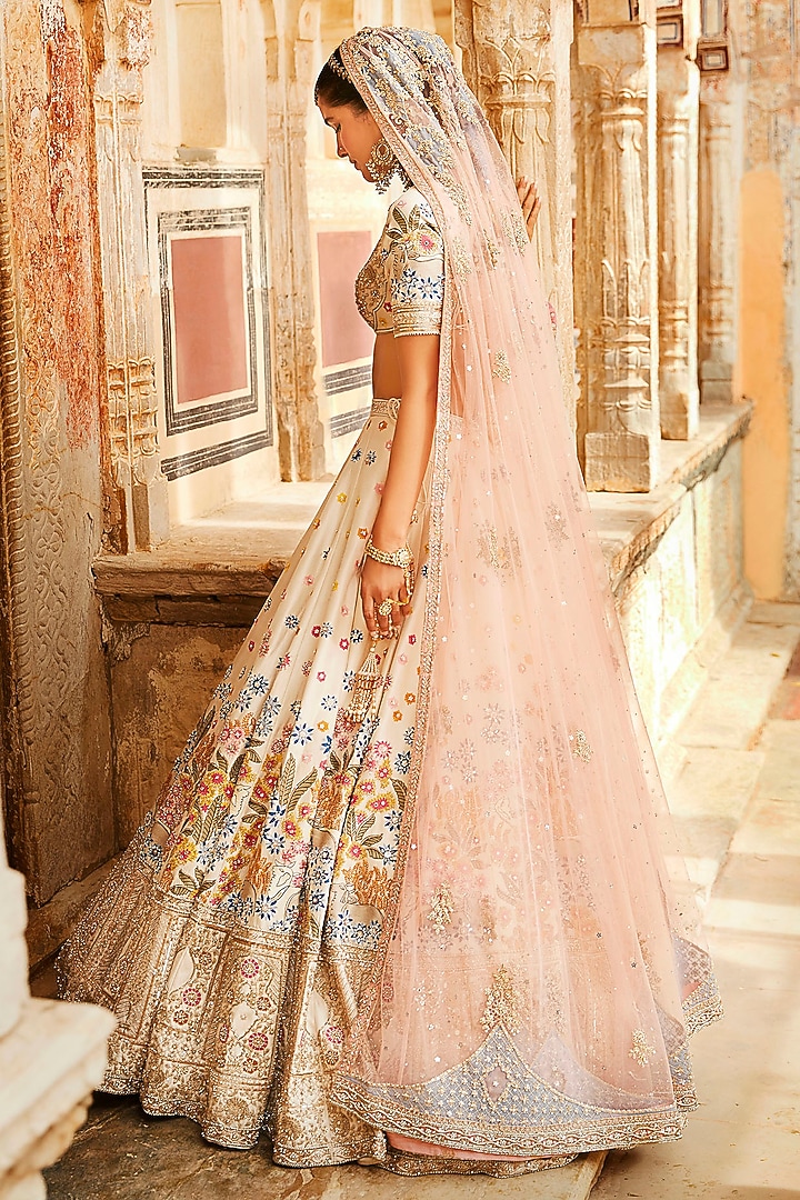 Ivory Silk Embroidered Bridal Lehenga Set by Matsya at Pernia's Pop Up Shop