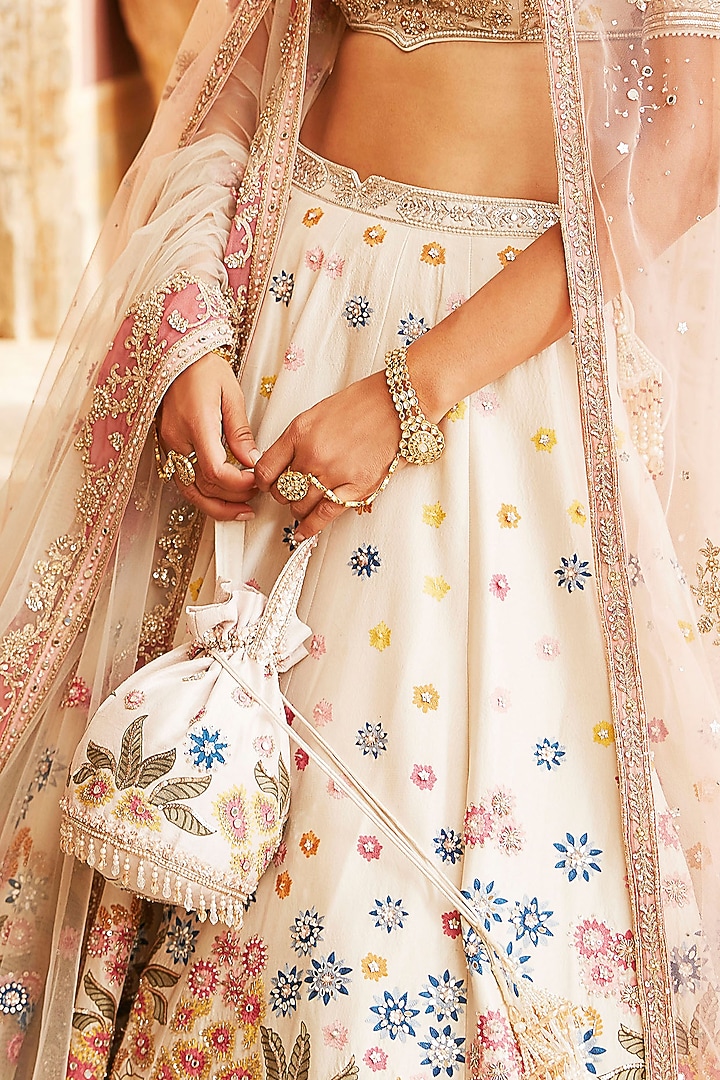 Ivory Silk Embroidered Bridal Lehenga Set by Matsya at Pernia's Pop Up Shop