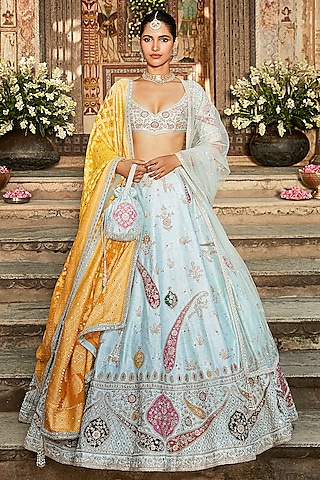 Powder Blue Embroidered Lehenga Set by Matsya