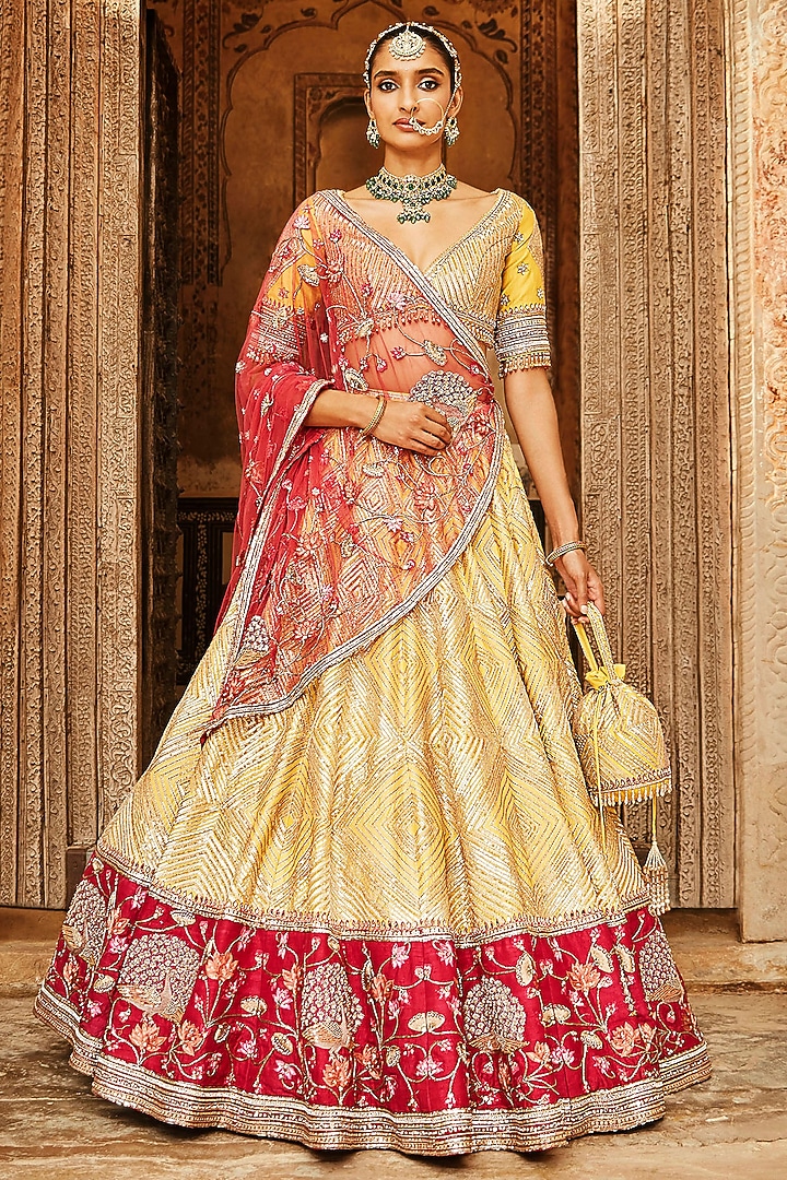 Yellow Silk Embroidered Bridal Lehenga Set by Matsya at Pernia's Pop Up Shop