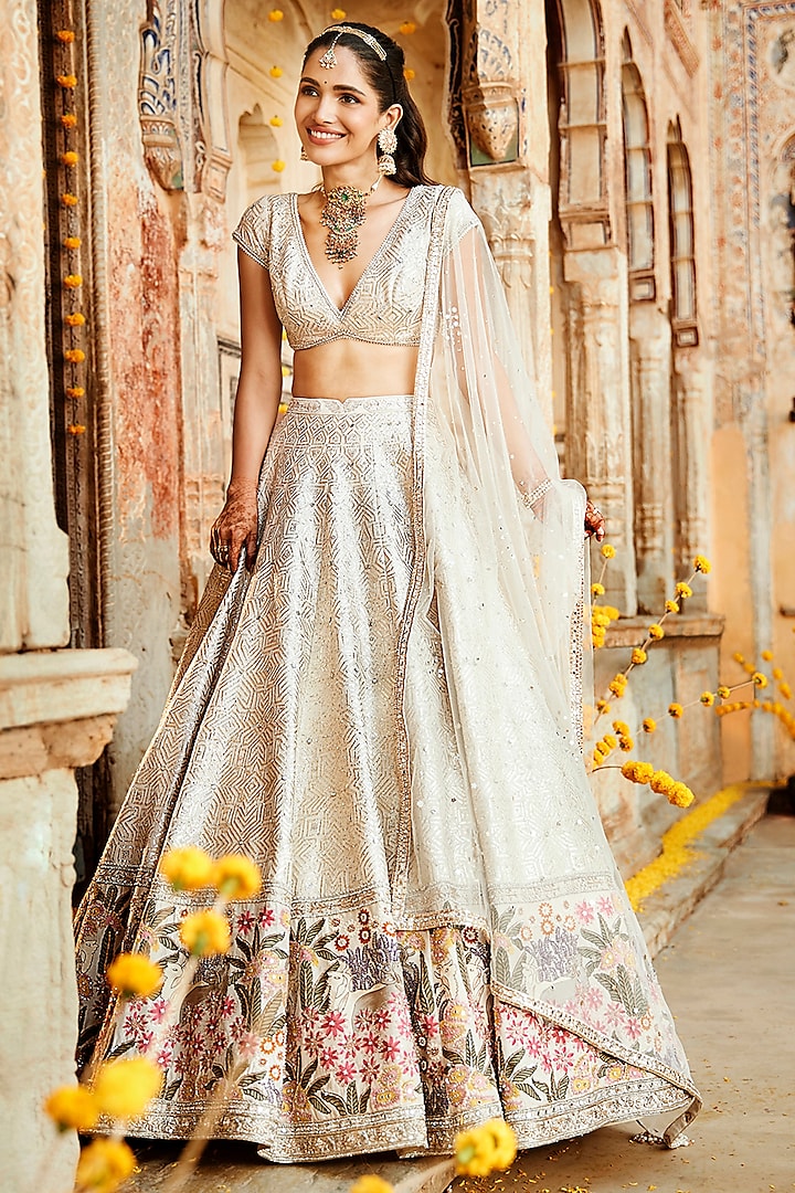 Ivory Silk Gota Embroidered Bridal Lehenga Set by Matsya at Pernia's Pop Up Shop