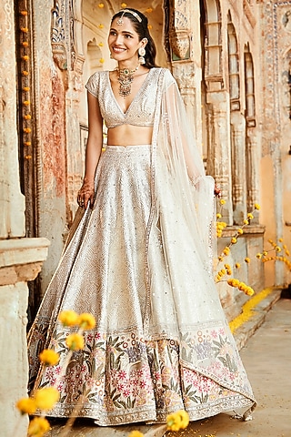 Ivory Silk Gota Embroidered Lehenga Set by Matsya