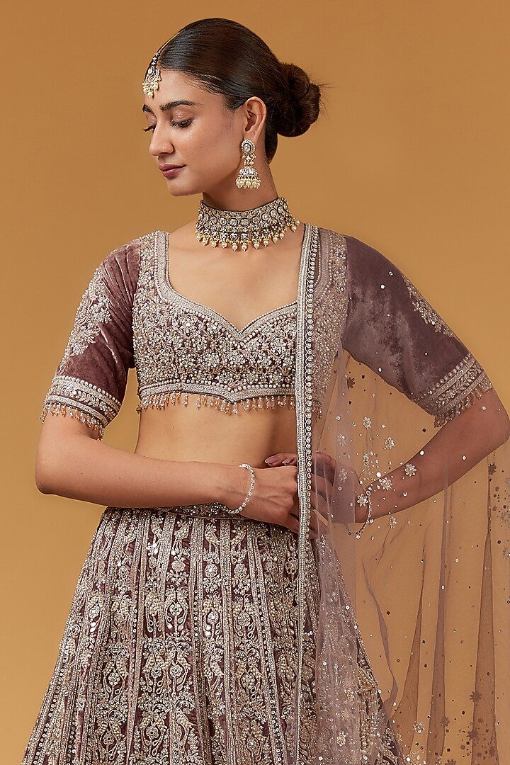 Grey Velvet & Net Dori Embroidered Bridal Lehenga Set by Matsya at Pernia's Pop Up Shop