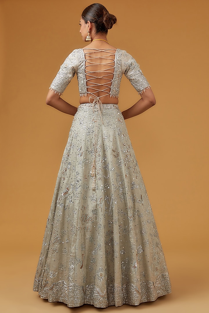 Beige Tissue Mirror & Zardosi Hand Embroidered Bridal Lehenga Set by Matsya at Pernia's Pop Up Shop