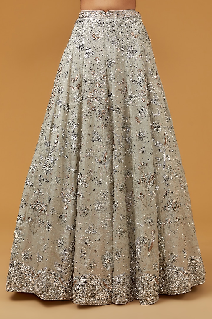 Beige Tissue Mirror & Zardosi Hand Embroidered Bridal Lehenga Set by Matsya at Pernia's Pop Up Shop