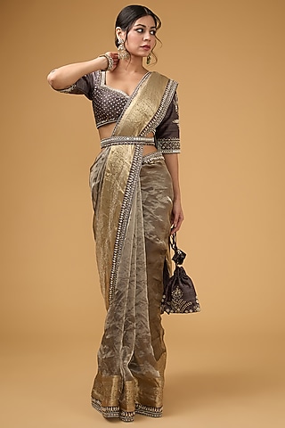 Grey Wrinkled Tissue Resham Hand Embroidered Saree Set by Matsya