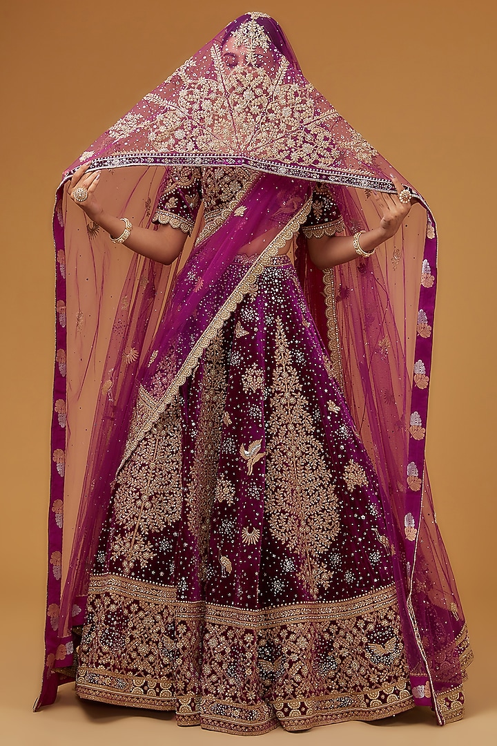 Rani Pink Velvet & Net Dori Hand Embroidered Bridal Lehenga Set by Matsya at Pernia's Pop Up Shop