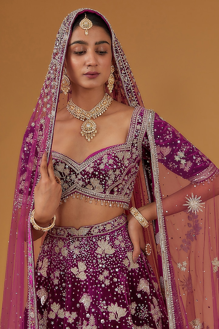 Rani Pink Velvet & Net Dori Hand Embroidered Bridal Lehenga Set by Matsya at Pernia's Pop Up Shop