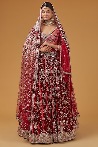 Red Velvet Hand Embroidered Lehenga Set by Matsya