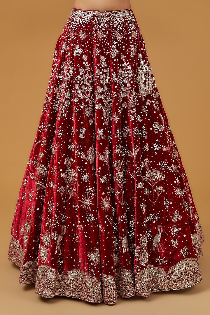 Red Velvet Hand Embroidered Bridal Lehenga Set by Matsya at Pernia's Pop Up Shop