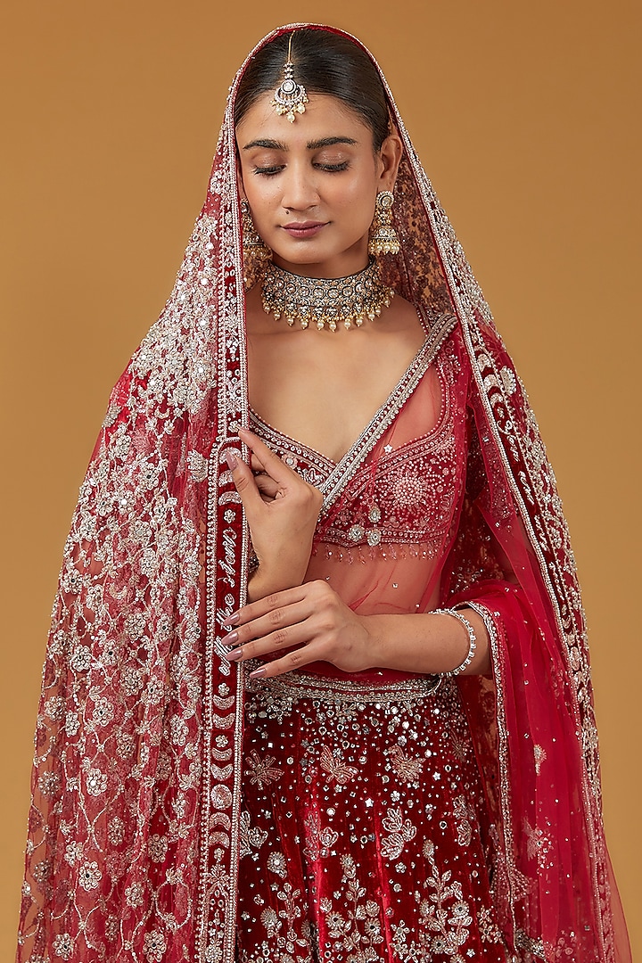 Red Velvet Hand Embroidered Bridal Lehenga Set by Matsya at Pernia's Pop Up Shop