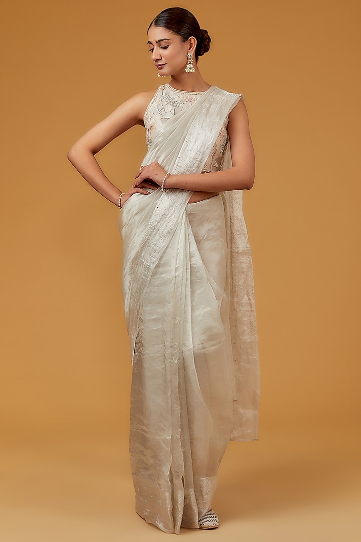 Ivory Tissue Thread Embroidered Saree Set by Matsya