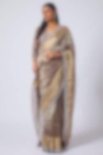 Brown Tissue Resham & Zardosi Embroidered Reception Saree Set by Matsya at Pernia's Pop Up Shop