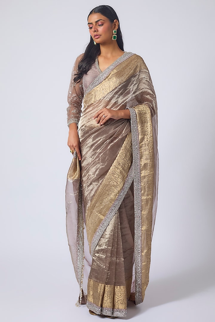 Brown Tissue Resham & Zardosi Embroidered Reception Saree Set by Matsya at Pernia's Pop Up Shop