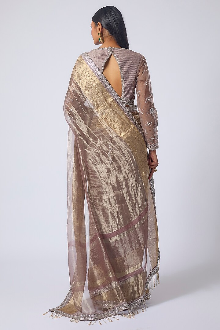 Brown Tissue Resham & Zardosi Embroidered Reception Saree Set by Matsya at Pernia's Pop Up Shop