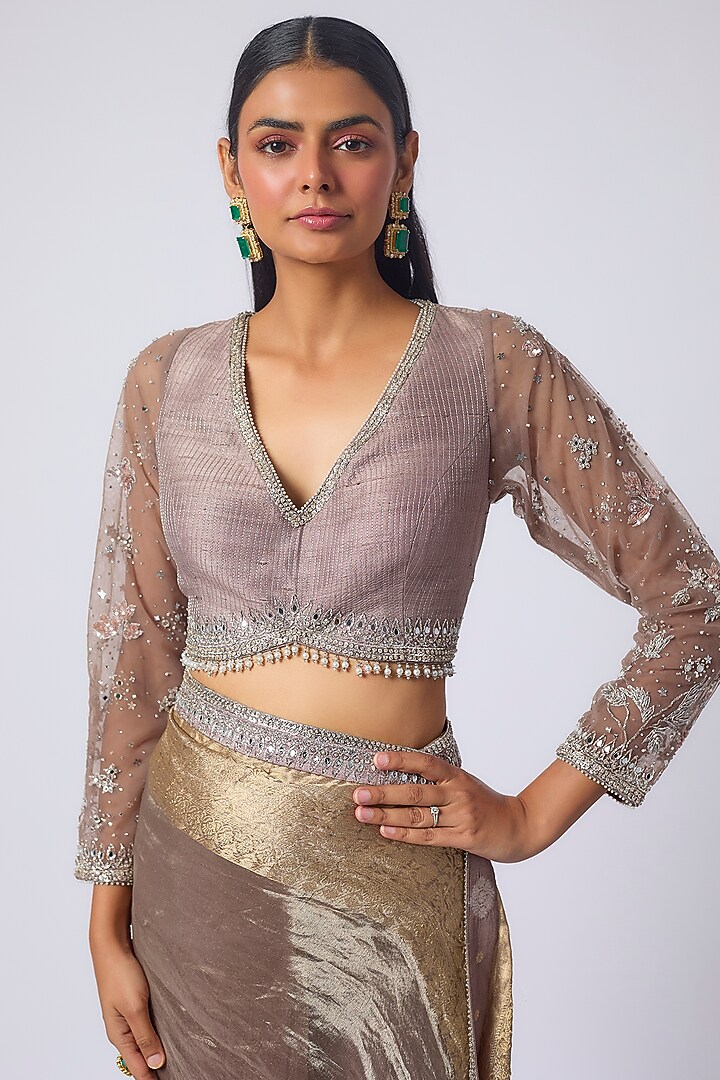 Brown Tissue Resham & Zardosi Embroidered Reception Saree Set by Matsya at Pernia's Pop Up Shop