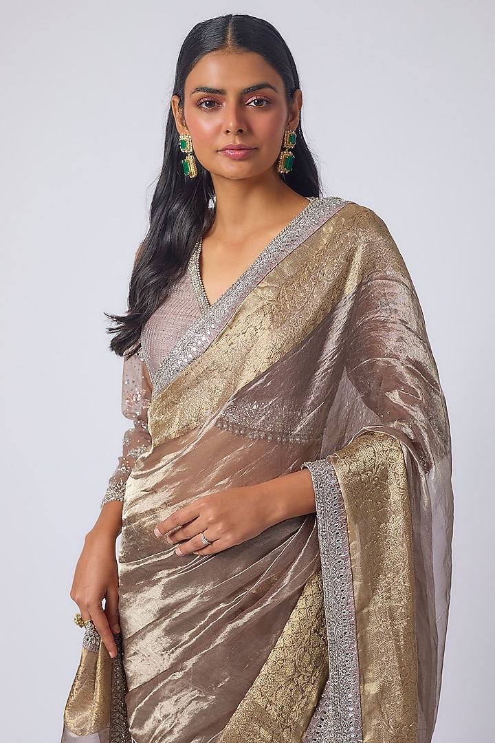 Brown Tissue Resham & Zardosi Embroidered Reception Saree Set by Matsya at Pernia's Pop Up Shop