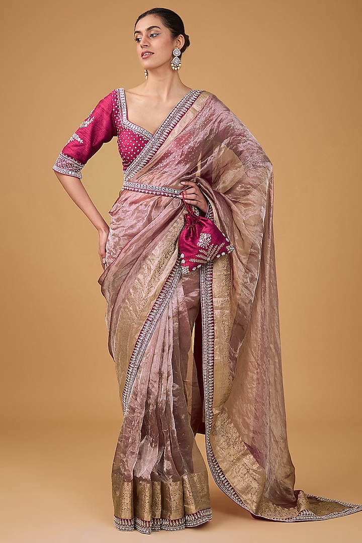 Old Rose Wrinkled Tissue Hand Embroidered Saree Set by Matsya