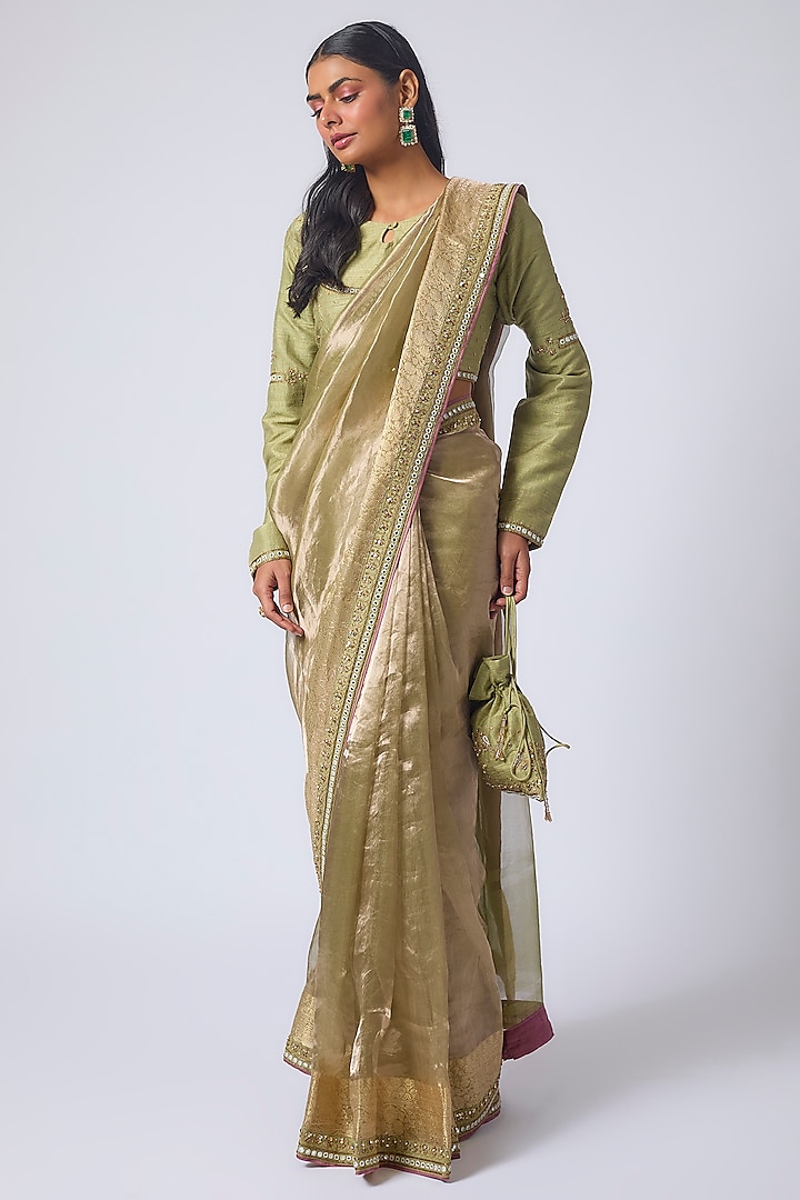 Pista Green Tissue Zardosi Embroidered Wedding Saree Set by Matsya at Pernia's Pop Up Shop