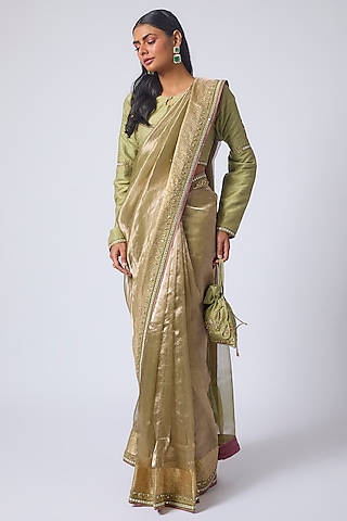 Pista Green Tissue Zardosi Embroidered Saree Set by Matsya