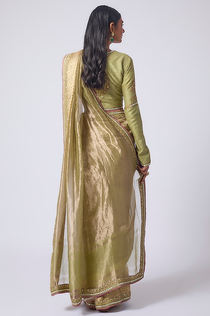 Pista Green Tissue Zardosi Embroidered Wedding Saree Set by Matsya at Pernia's Pop Up Shop