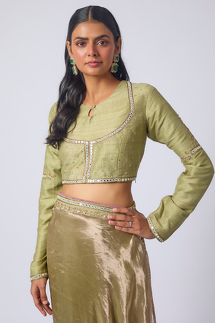 Pista Green Tissue Zardosi Embroidered Wedding Saree Set by Matsya at Pernia's Pop Up Shop