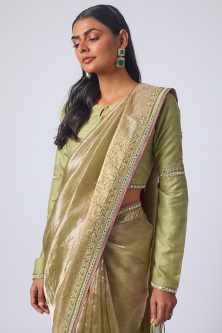 Pista Green Tissue Zardosi Embroidered Wedding Saree Set by Matsya at Pernia's Pop Up Shop