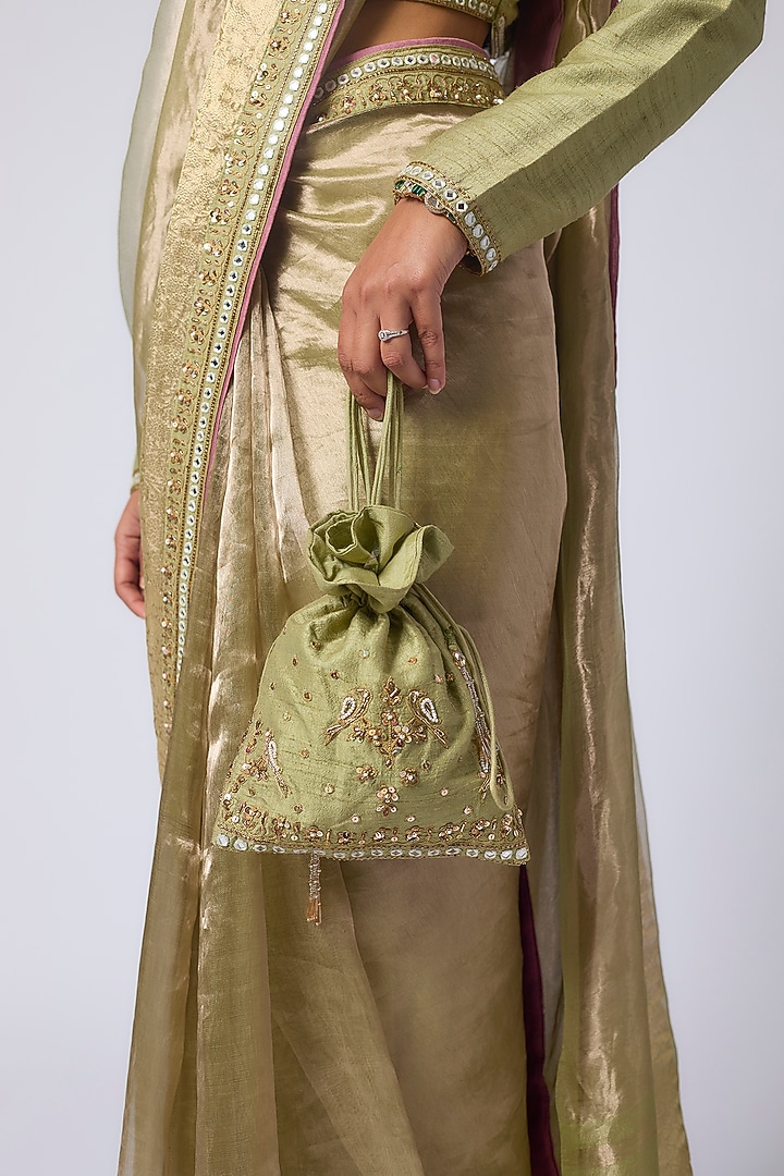 Pista Green Tissue Zardosi Embroidered Wedding Saree Set by Matsya at Pernia's Pop Up Shop