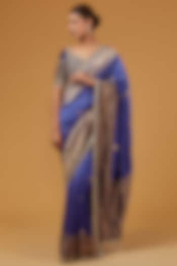 Electric Blue Tissue Dori Embroidered Saree Set by Matsya
