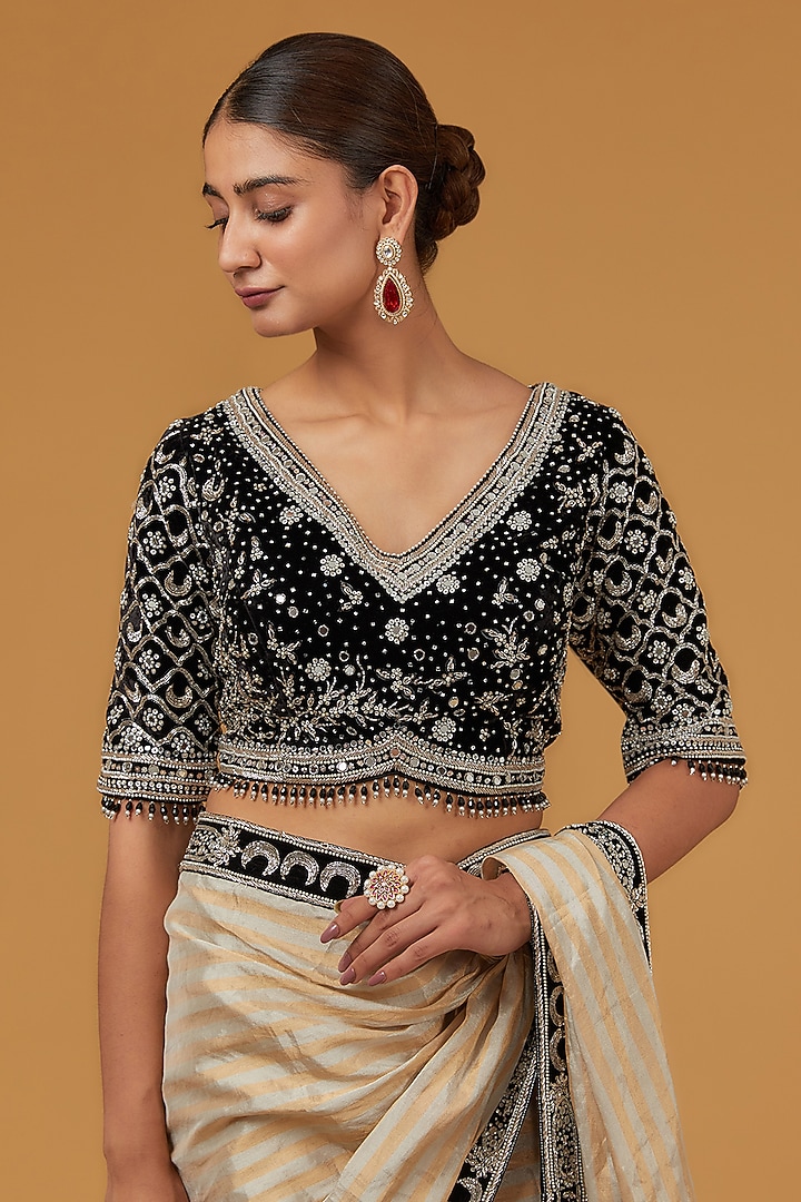 Cream Velvet Dori Embroidered Reception Saree Set by Matsya at Pernia's Pop Up Shop