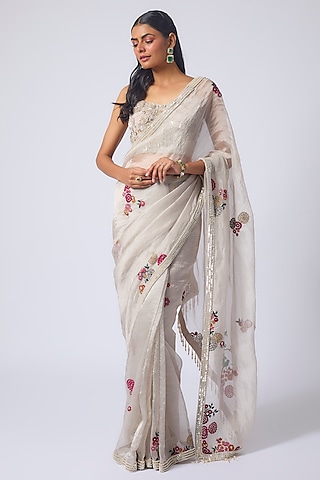Ivory Pure Tissue Zardosi Embellished Saree Set by Matsya