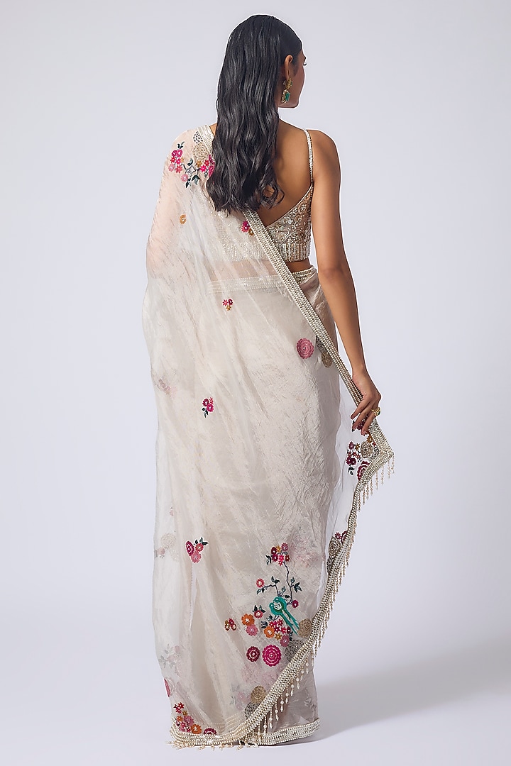 Ivory Pure Tissue Zardosi Embellished Reception Saree Set by Matsya at Pernia's Pop Up Shop