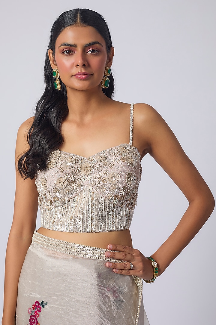 Ivory Pure Tissue Zardosi Embellished Reception Saree Set by Matsya at Pernia's Pop Up Shop