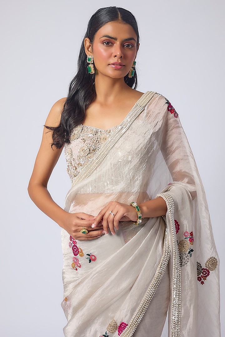Ivory Pure Tissue Zardosi Embellished Reception Saree Set by Matsya at Pernia's Pop Up Shop