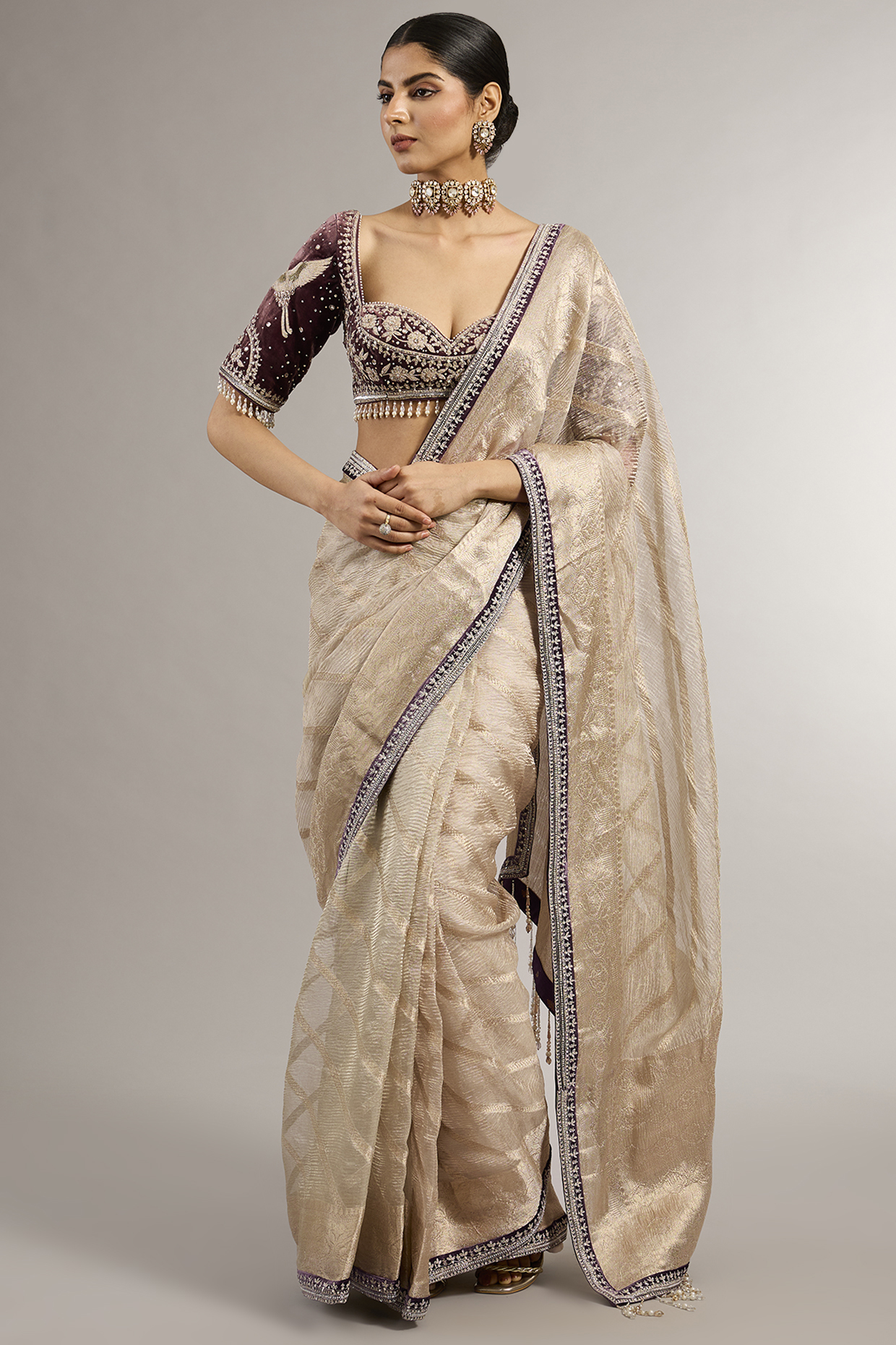 Ivory Wrinkled Tissue Resham Work Wedding Saree Set by Matsya at Pernia's Pop Up Shop