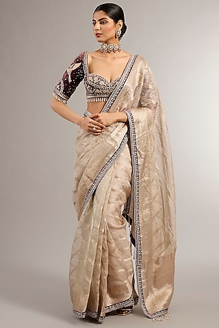 Ivory Wrinkled Tissue Resham Work Saree Set by Matsya