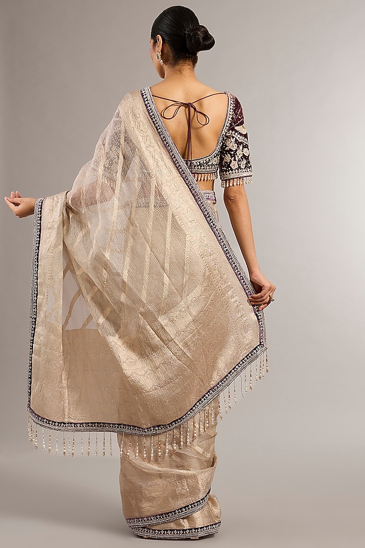 Ivory Wrinkled Tissue Resham Work Wedding Saree Set by Matsya at Pernia's Pop Up Shop